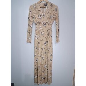 Vintage 70's Strait Lane Tan Floral Long Sleeve Empire Waist Maxi Dress Women S